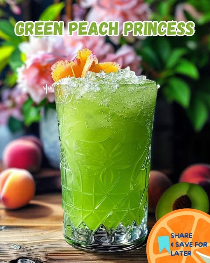 A vibrant Green Peach Princess cocktail with candy apple sugar rings
