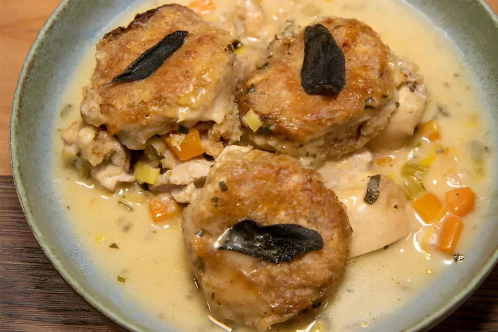 Freshly baked Chicken Cobbler in a dish, showing golden biscuit topping.