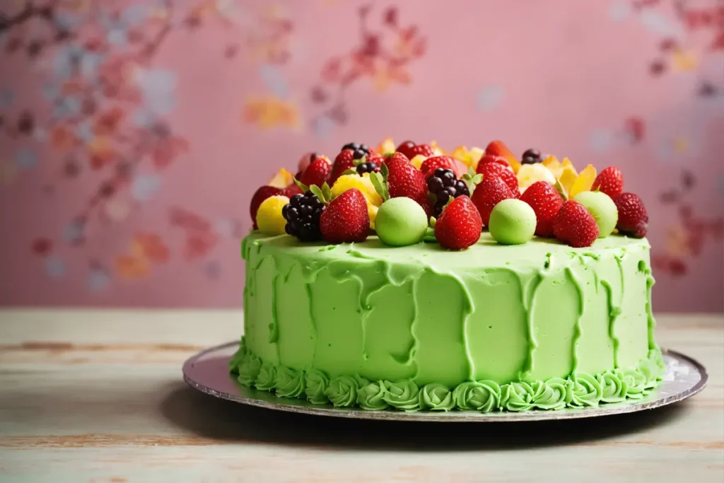 Decorated Cocomelon Cake with vibrant green frosting and colorful themed decorations.