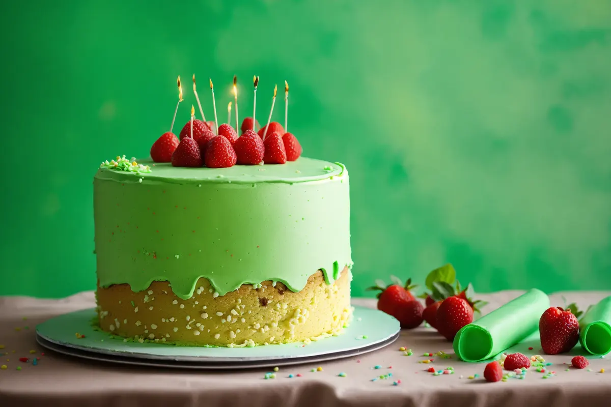 Decorated Cocomelon Cake with vibrant green frosting and colorful themed decorations.