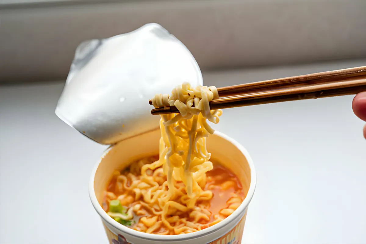 A steaming cup of delicious Cup Noodles with flavorful broth and colorful toppings