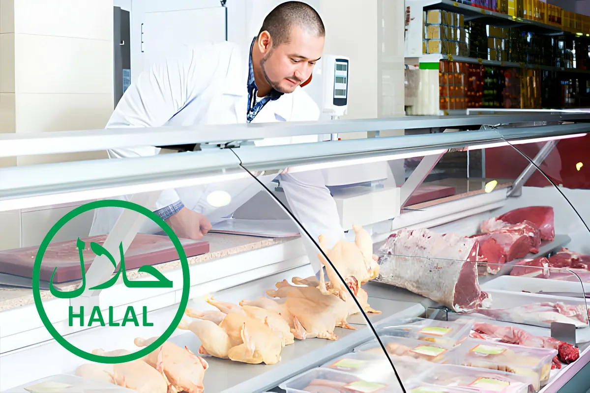 global market selling various halal products, highlighting the popularity of halal food worldwide.