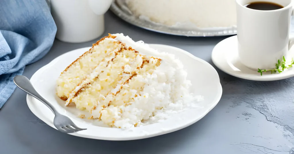 Slice of coconut cake with creamy frosting and shredded coconut topping