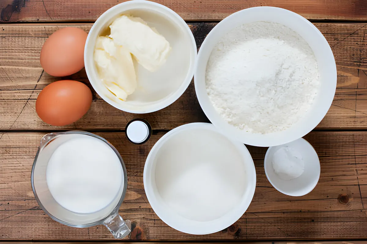 Ingredients for coconut cake recipe including flour, sugar, eggs, coconut milk, and vanilla extract.