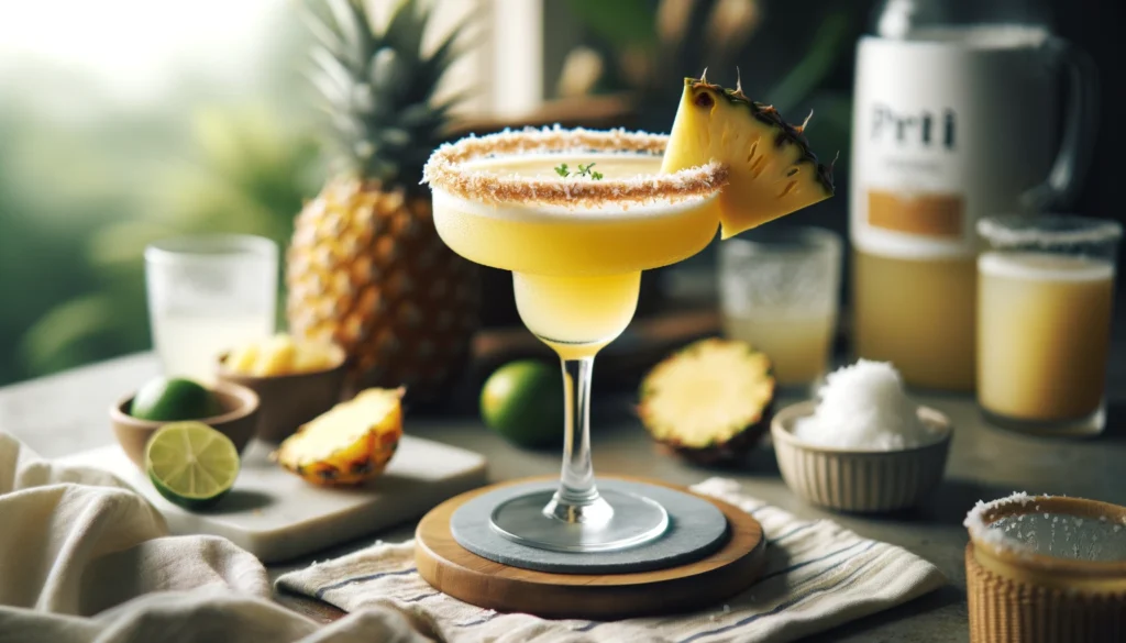 Refreshing Pineapple Coconut Margarita served with a toasted coconut rim.