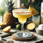 Refreshing Pineapple Coconut Margarita served with a toasted coconut rim.