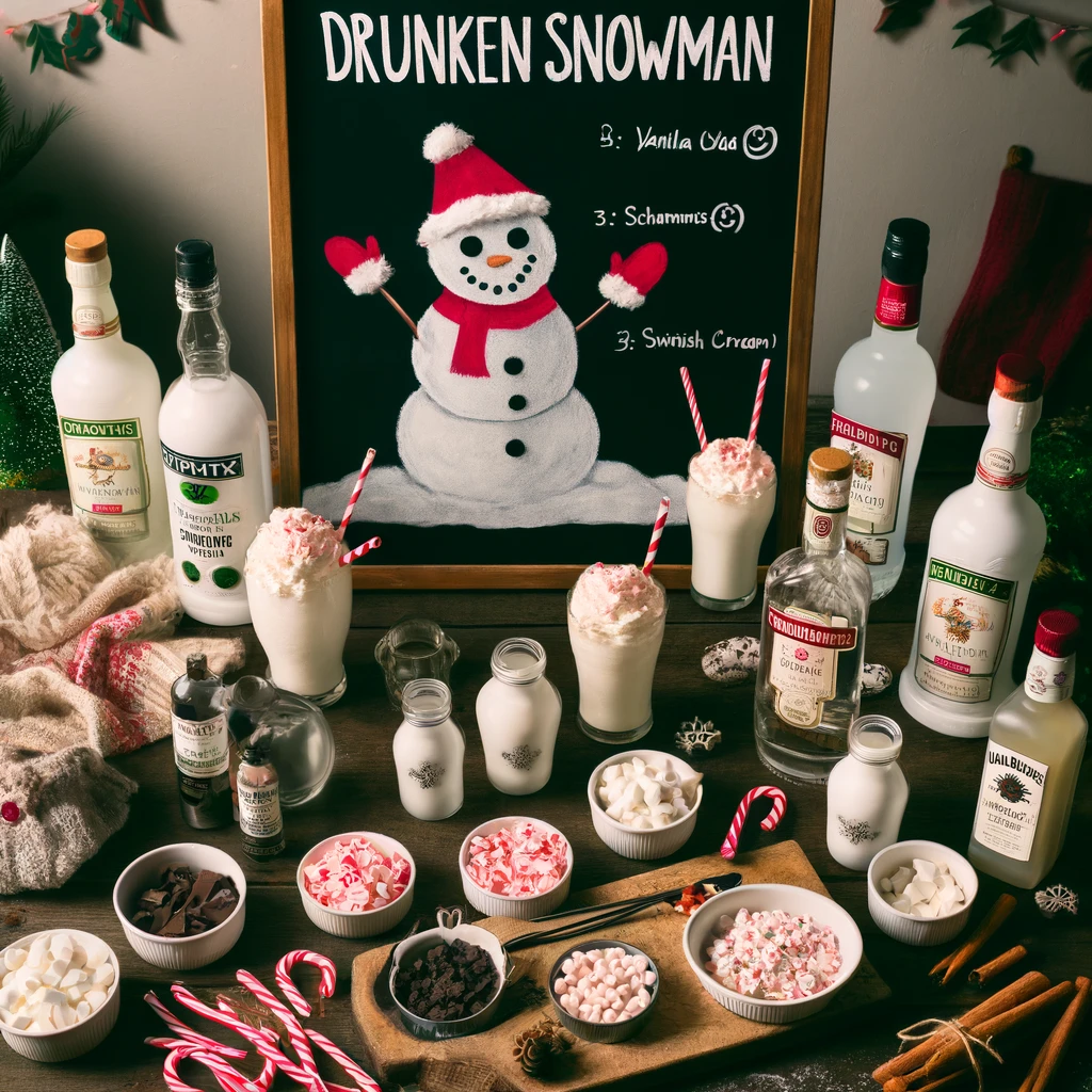 "DIY Drunken Snowman Cocktail station with recipe sign and holiday garnishes