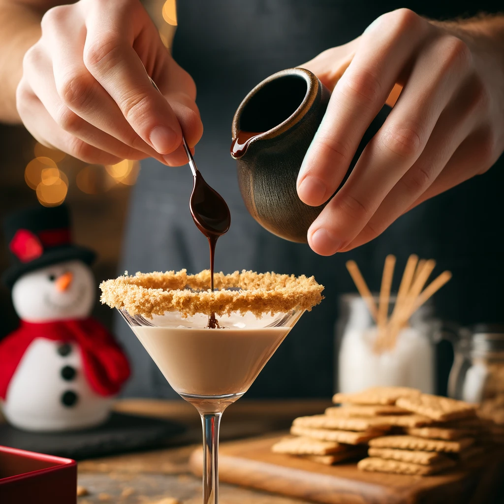 Preparing a Drunken Snowman Cocktail with chocolate syrup and graham cracker rim.