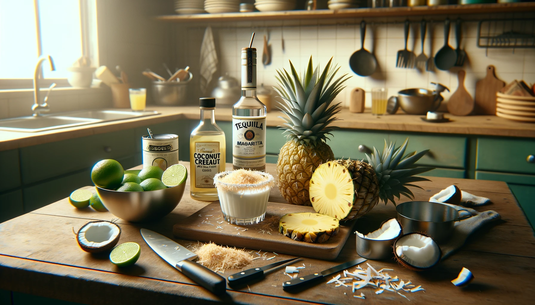 Ingredients for making Pineapple Coconut Margarita including fresh pineapple and coconut cream