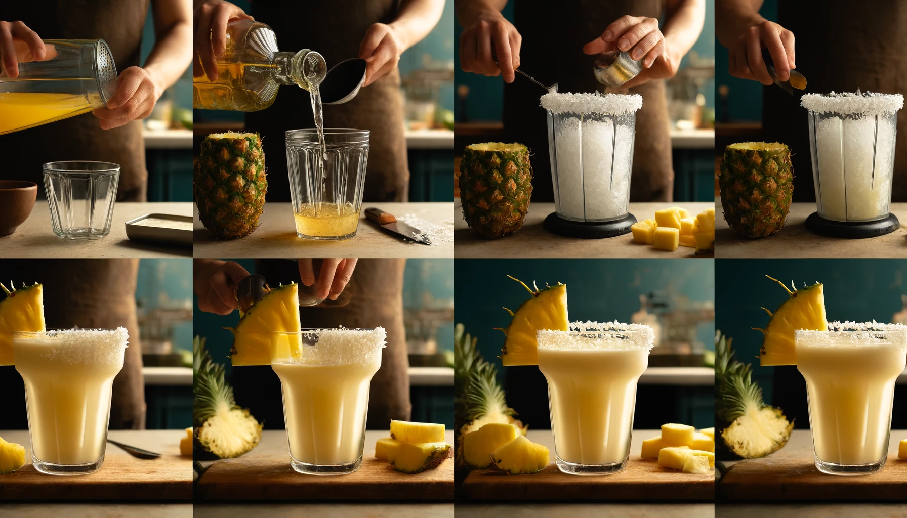 Step-by-step preparation of Pineapple Coconut Margarita.