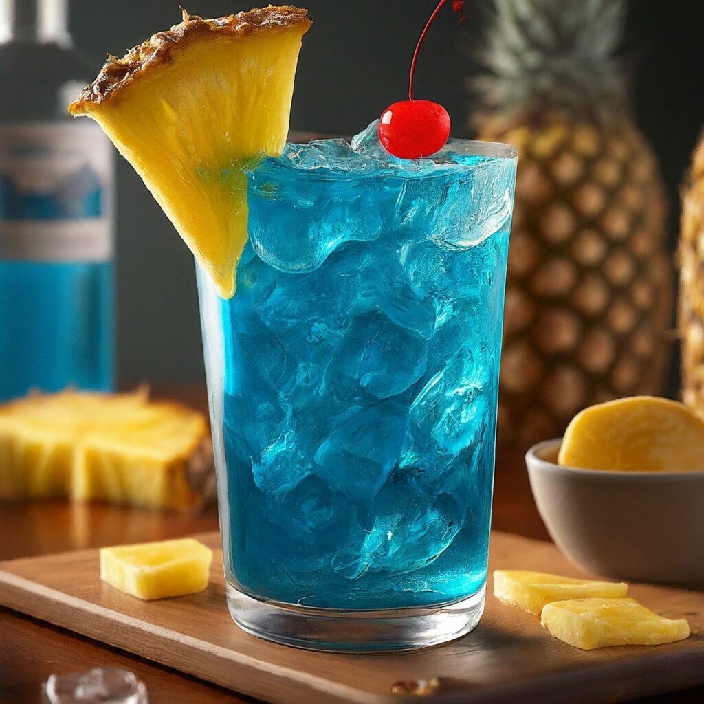 Blue Hawaiian Punch in a clear bowl garnished with pineapple