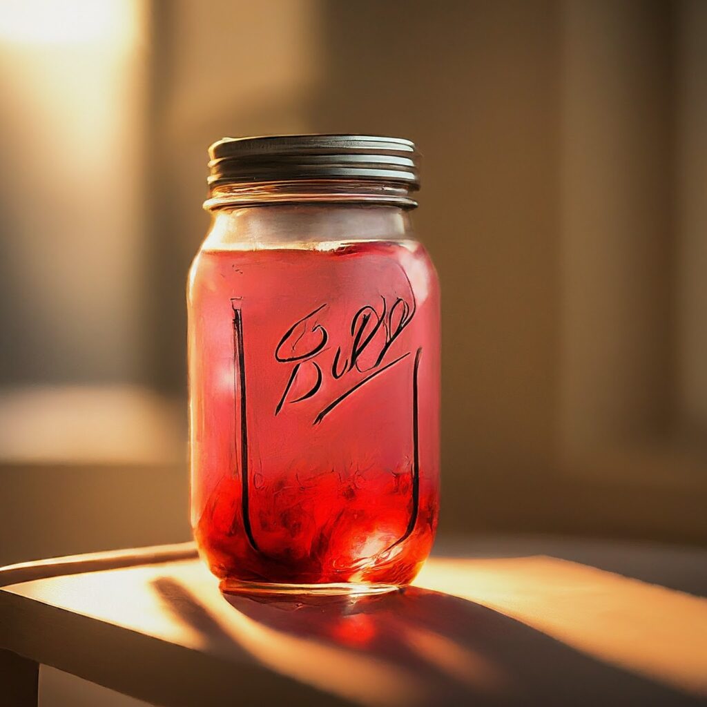 Sealed jars of homemade strawberry moonshine