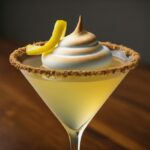 Lemon Meringue Martini with lemon peel and meringue garnish,
