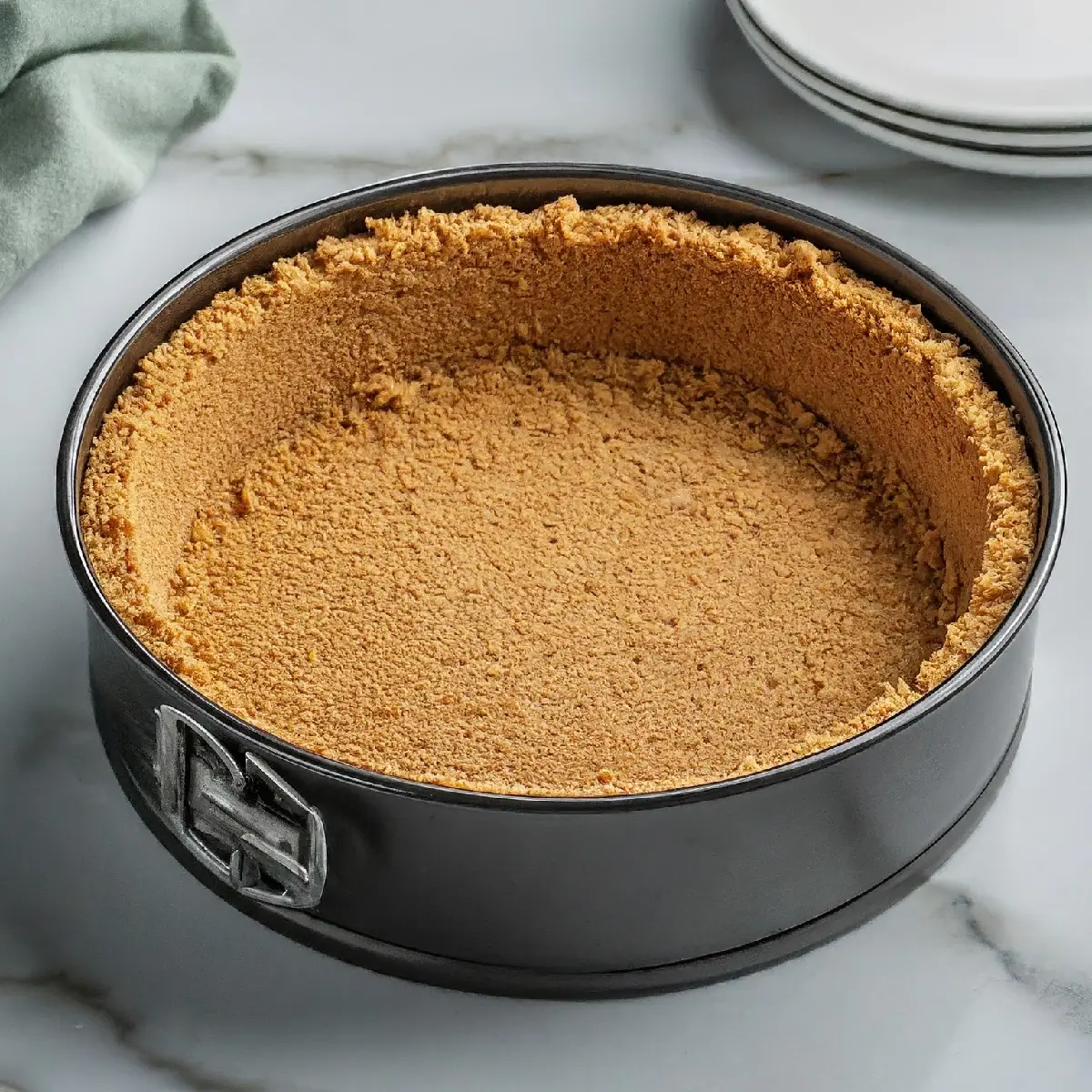 a baking sheet lined with a perfectly pressed graham cracker crust. The crust is golden brown and has a crumbly texture.