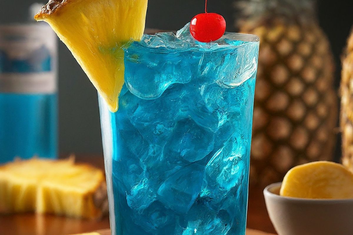 Blue Hawaiian Punch in a clear bowl garnished with pineapple