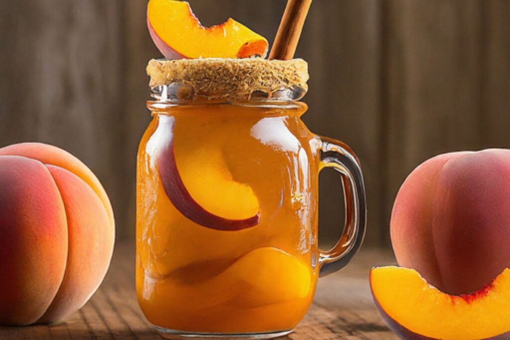 Homemade Peach Cobbler Moonshine in a mason jar, ready to serve