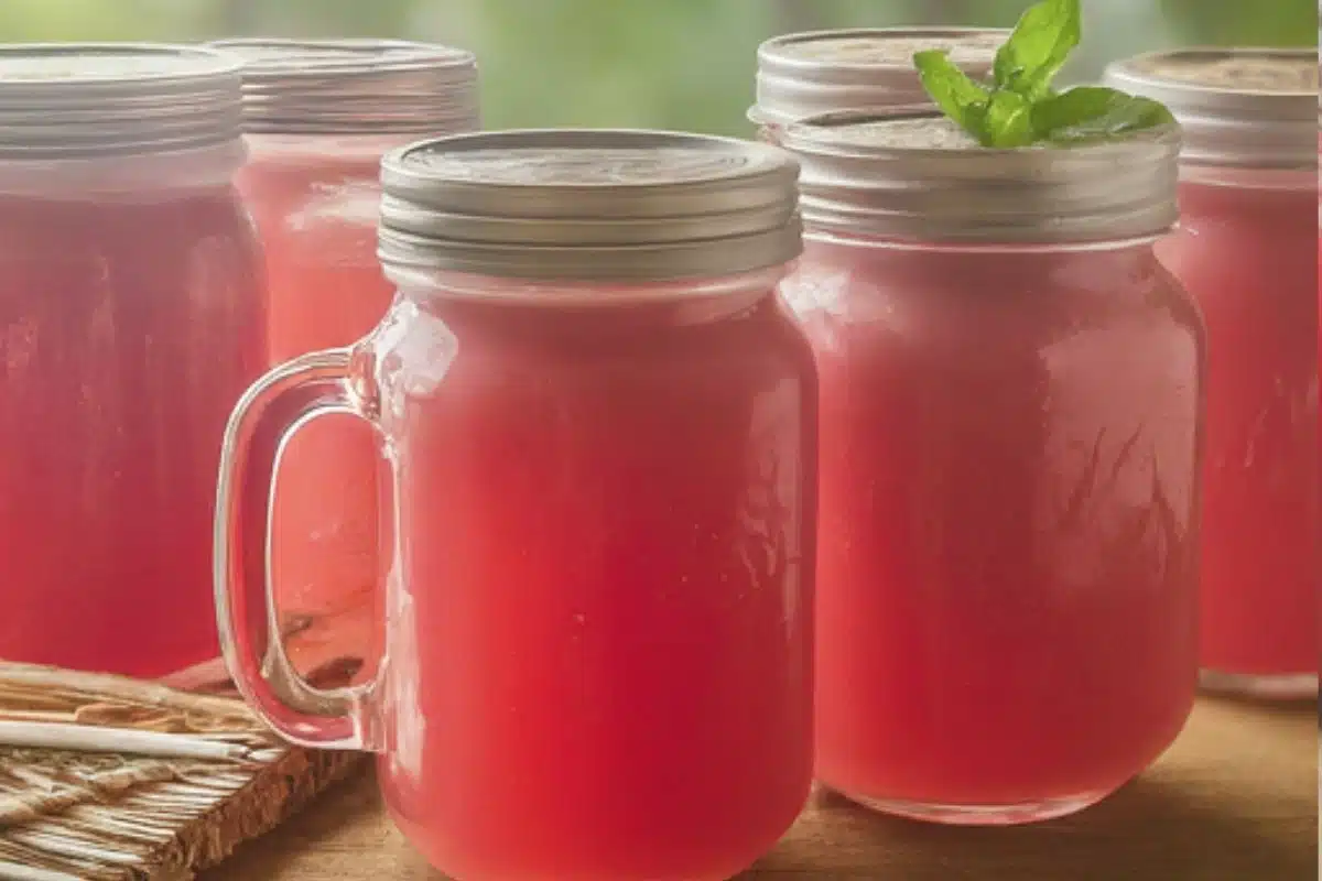 Finished Watermelon Moonshine in mason jars.