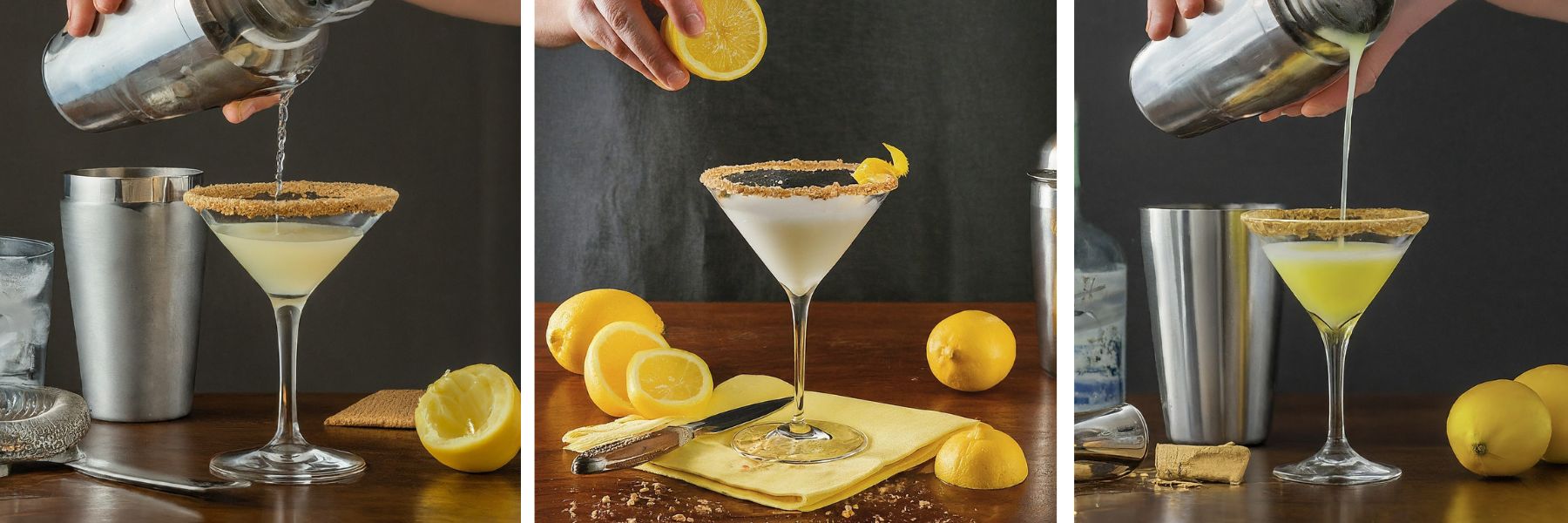 Step-by-step process of making Lemon Meringue Martini, from preparation to garnishing