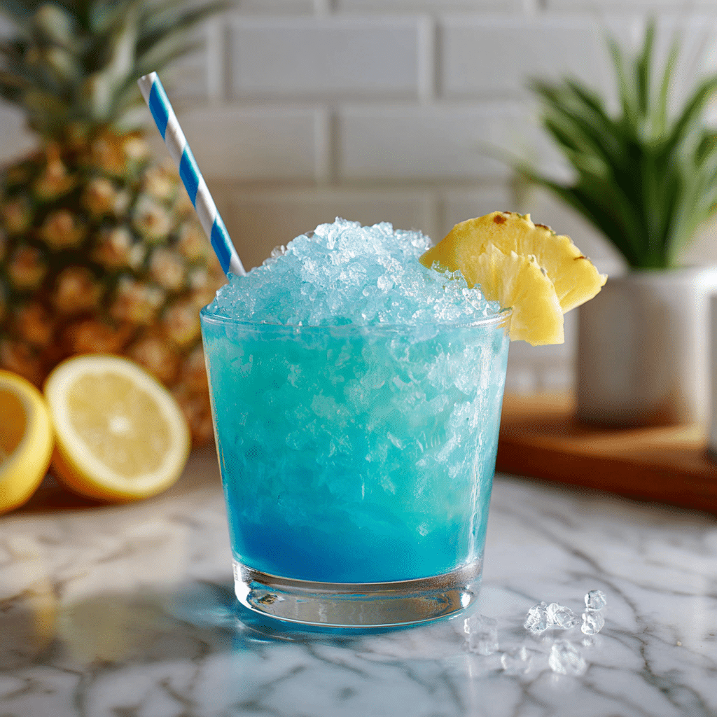 Blue Hawaiian Punch: A Tropical Party Classic That Never Gets Old 4 Glass of Blue Hawaiian Punch with ice and pineapple