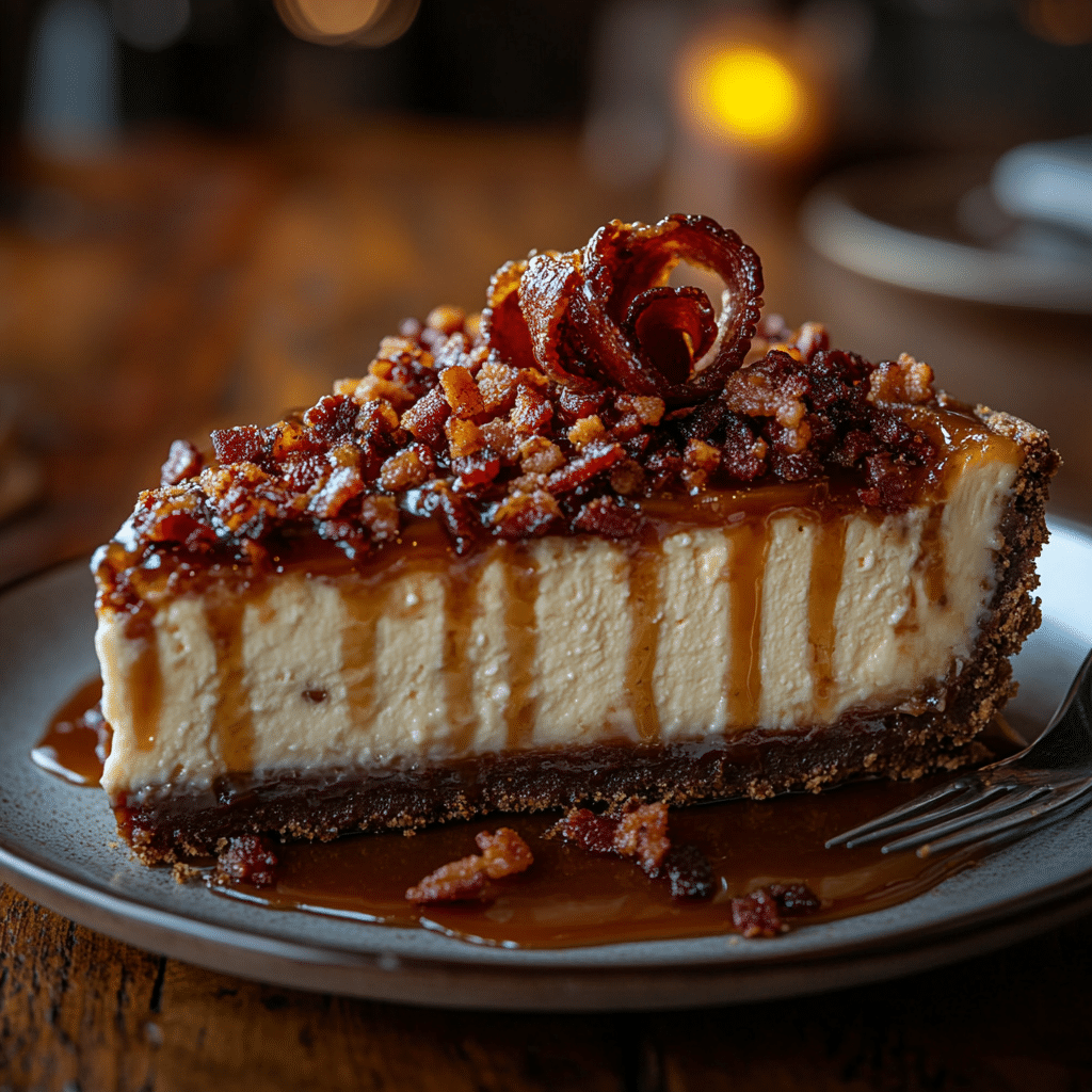 Bacon Bourbon Caramel Cheesecake: A Decadent Dessert Worth Sharing 4 Bacon bourbon caramel cheesecake with caramel drizzle and bacon topping