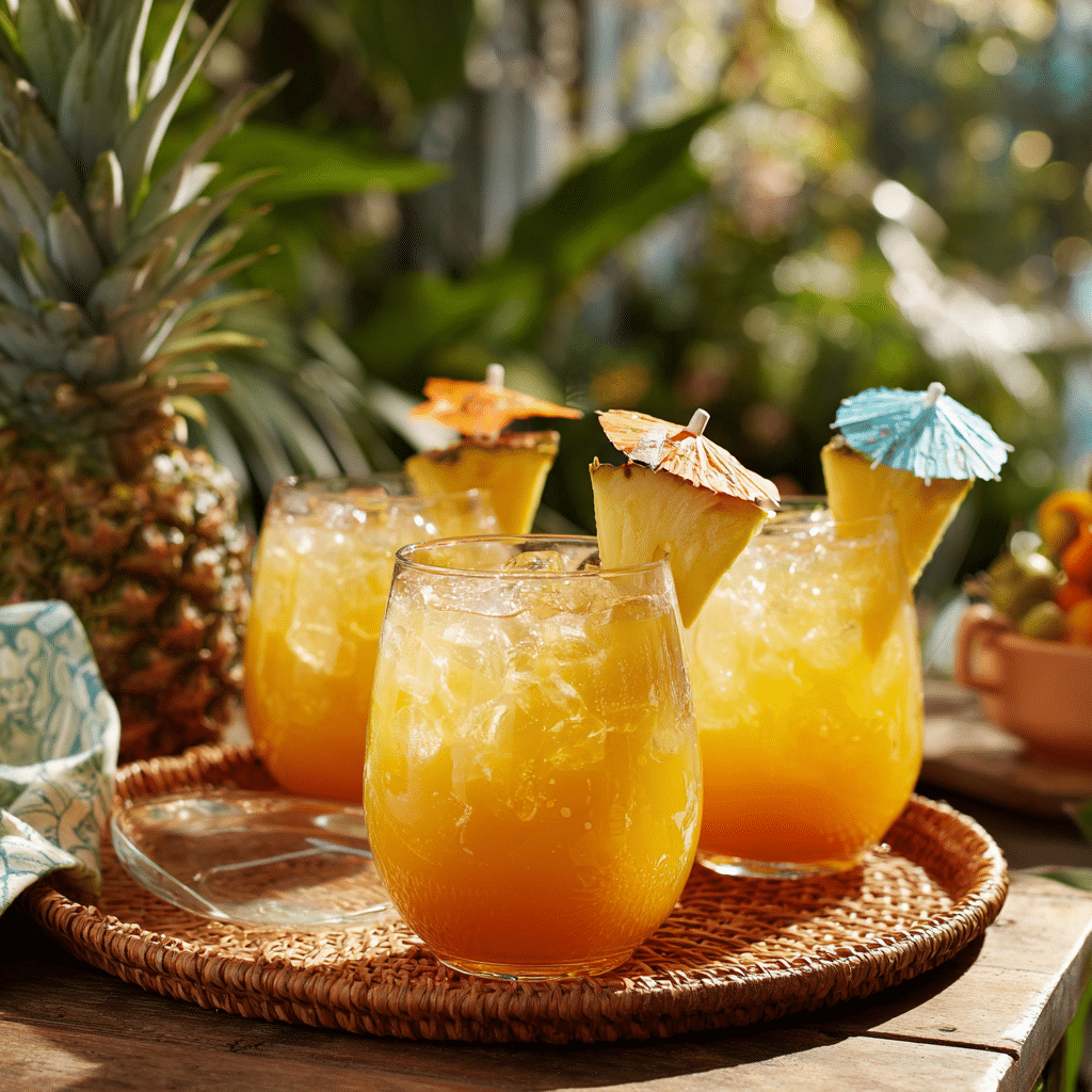 Glasses of Tropical Paradise Punch with pineapple garnish