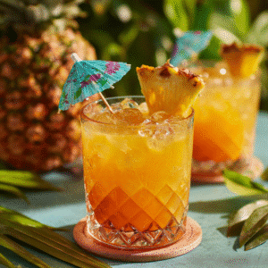 Glass of Tropical Paradise Punch with pineapple garnish