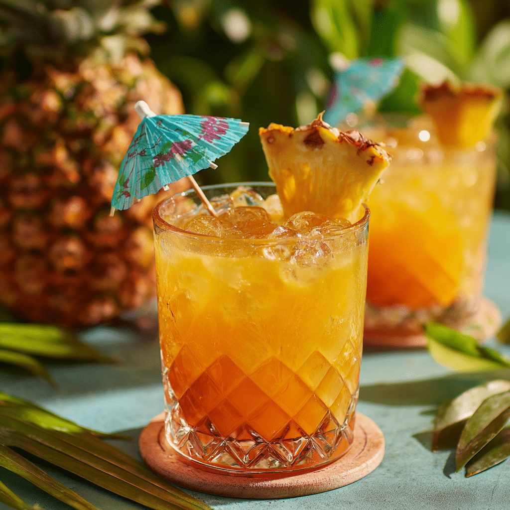 Glass of Tropical Paradise Punch with pineapple garnish
