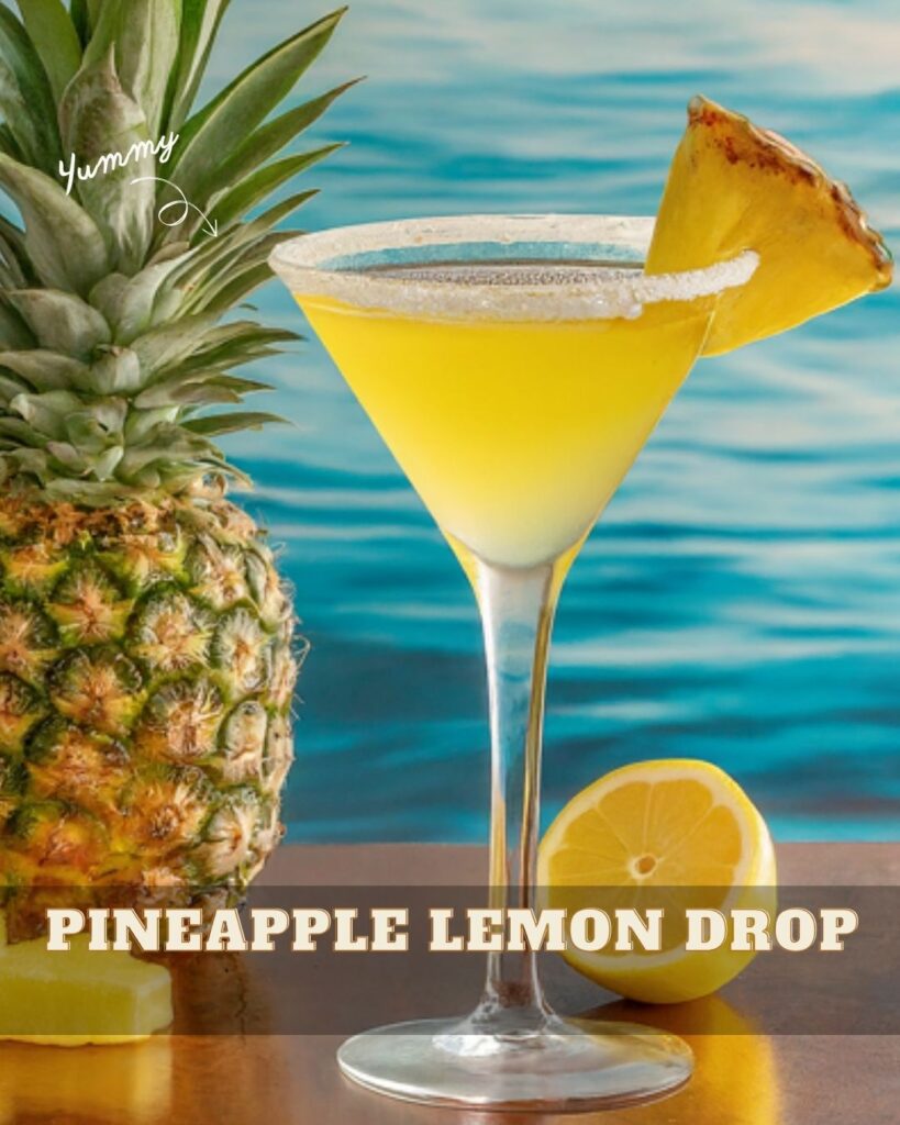 Pineapple Lemon Drop in a martini glass with lemon and pineapple garnish