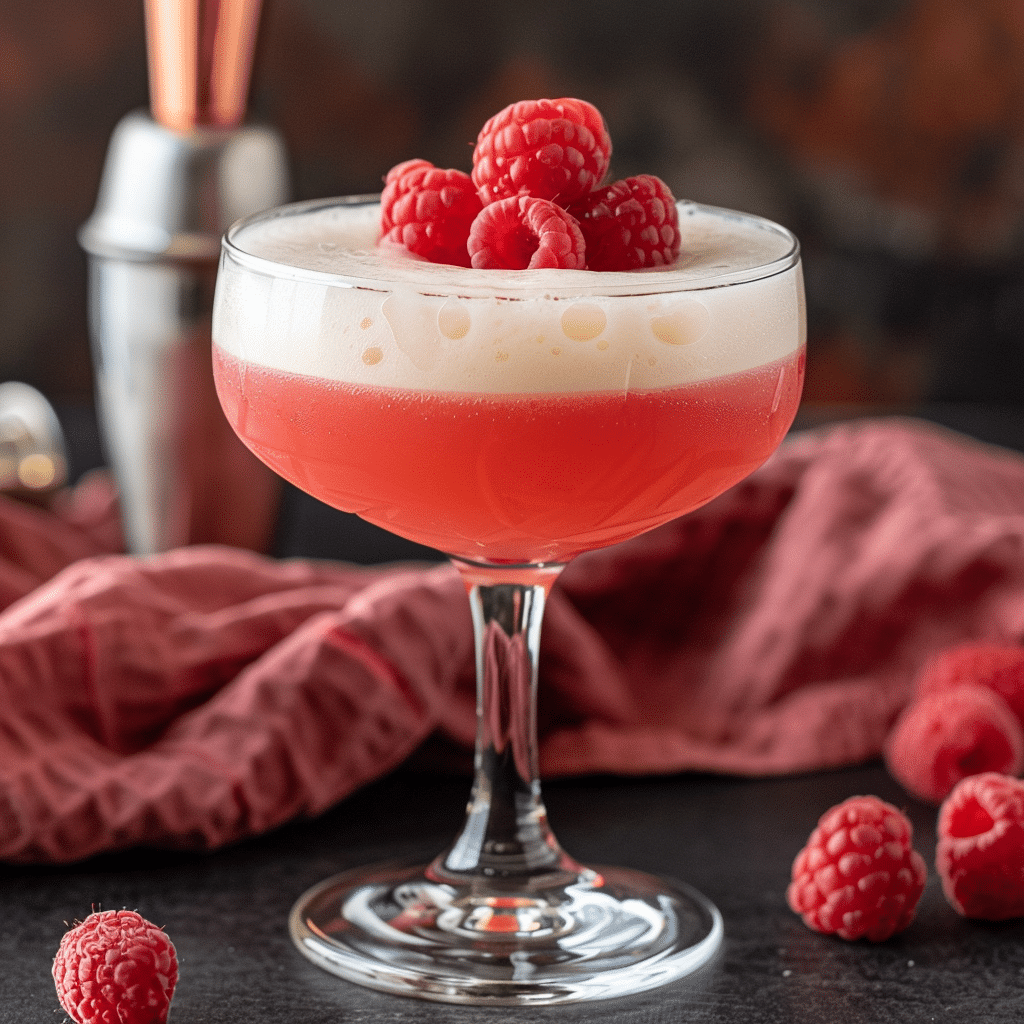 Raspberry Bomb cocktail in a highball glass with raspberries