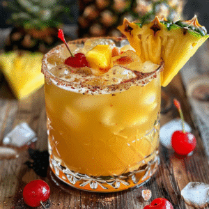 Drunken Monkey Rum Cocktail with banana and pineapple garnish