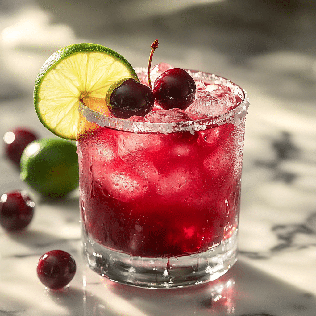 Cherry Margarita Recipe That Sings with Summer Flavor 5 cherry margarita in glass with lime and cherries