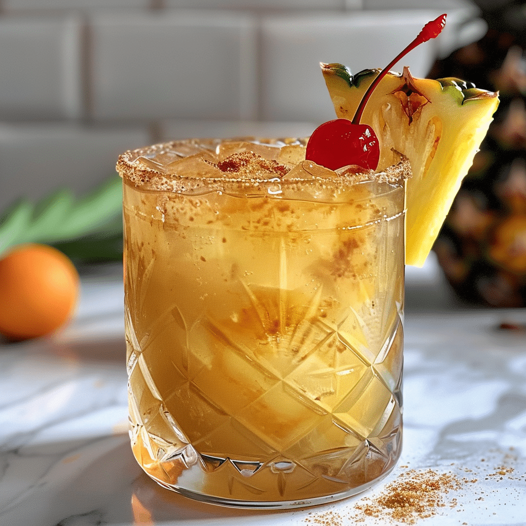 Drunken Monkey Rum Cocktail with banana and pineapple garnish