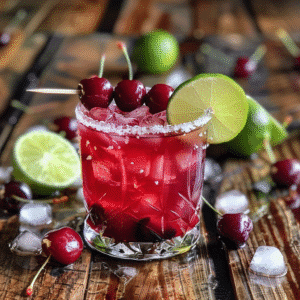 Cherry Margarita Recipe That Sings with Summer Flavor 2 cherry margarita in glass with lime and cherries