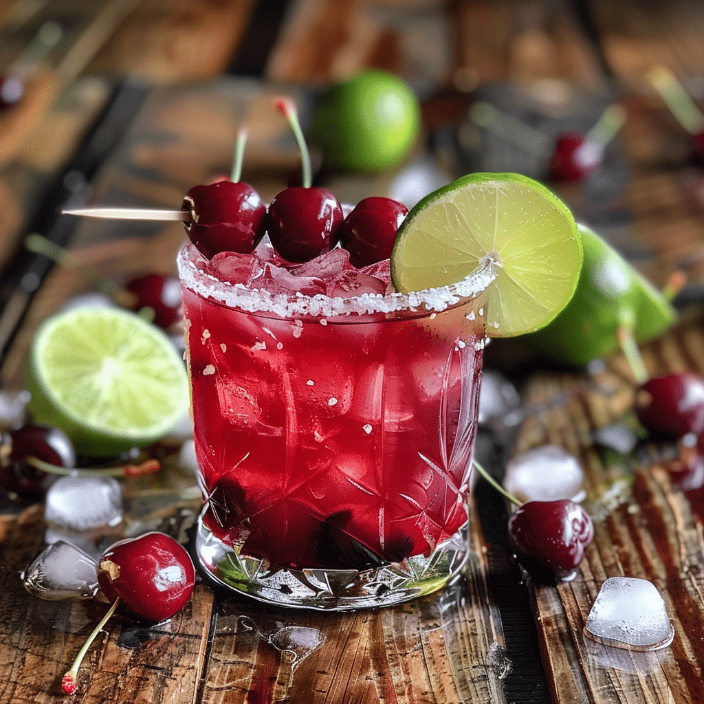 cherry margarita in glass with lime and cherries