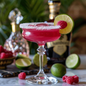 Chambord Margarita: A Bold Twist on the Classic Cocktail 2 Chambord margarita in a salt-rimmed glass with raspberry garnish