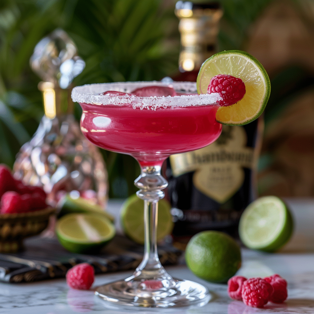 Chambord margarita in a salt-rimmed glass with raspberry garnish