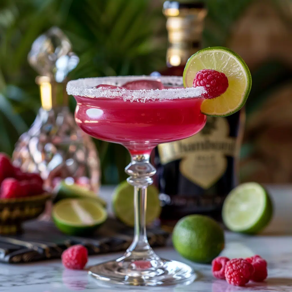 Chambord margarita in a salt-rimmed glass with raspberry garnish