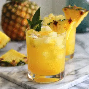 Pineapple Hennessy Lemonade in a rocks glass with tropical garnish