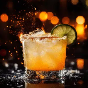 Fireball Margarita in glass with Tajín rim and lime