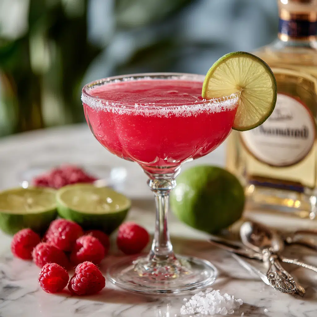 Chambord margarita on a tray with lime and berry garnish