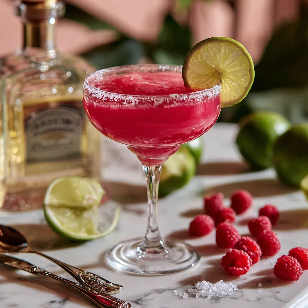 Chambord margarita on a tray with lime and berry garnish