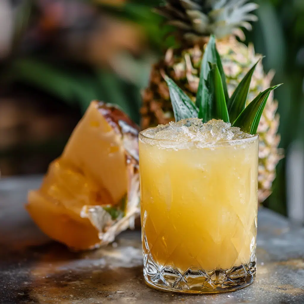 Pineapple Hennessy Lemonade in a rocks glass with tropical garnish