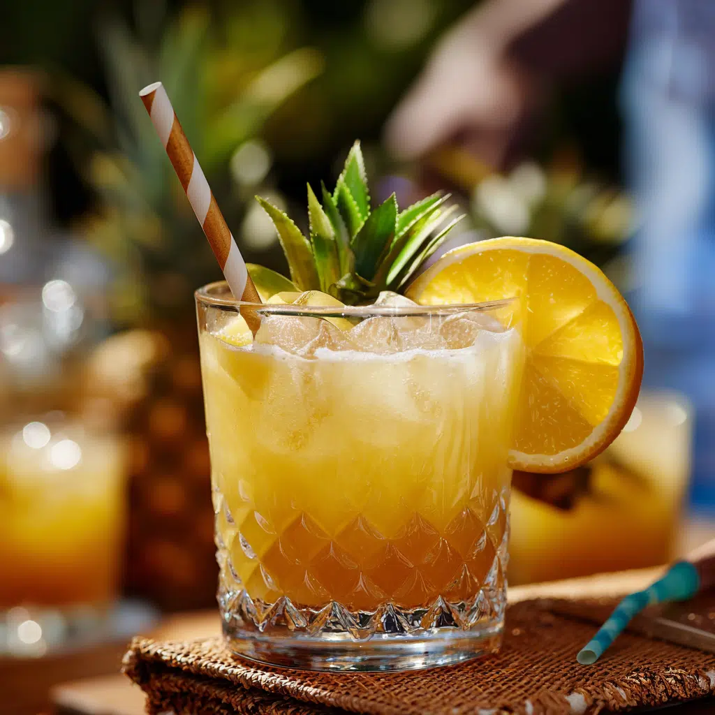 Pineapple Hennessy Lemonade in a rocks glass with tropical garnish