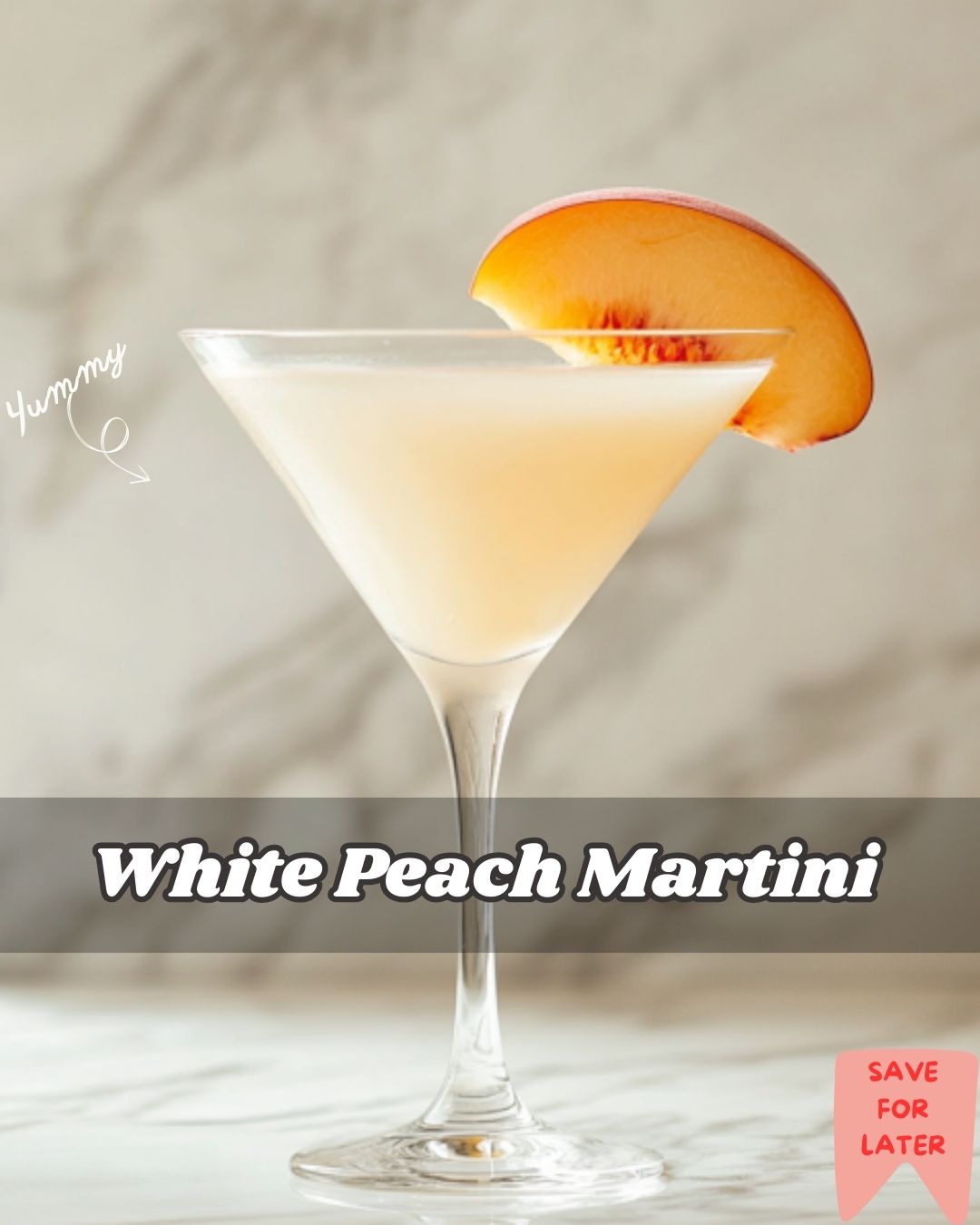 White Peach Martini in a glass with a peach slice garnish.