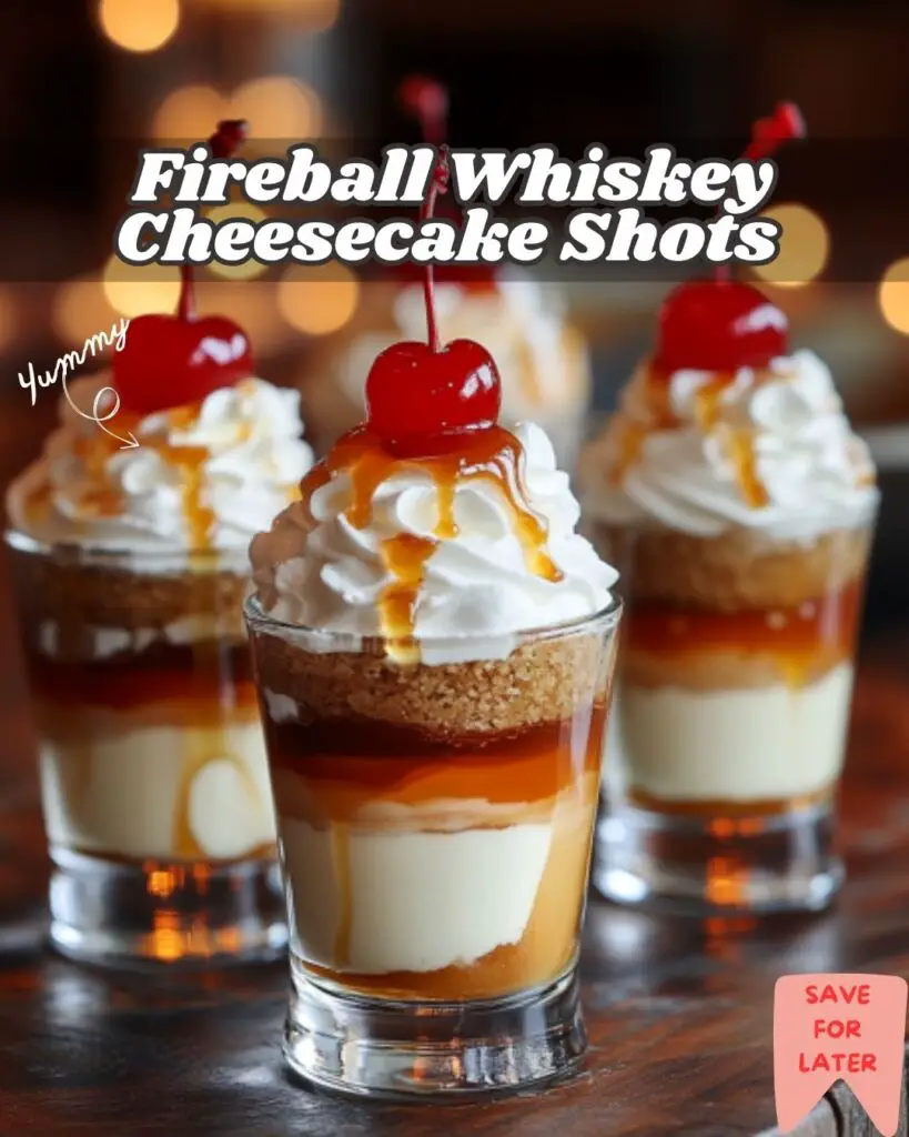 Fireball Whiskey Cheesecake Shots in small glasses topped with whipped cream.