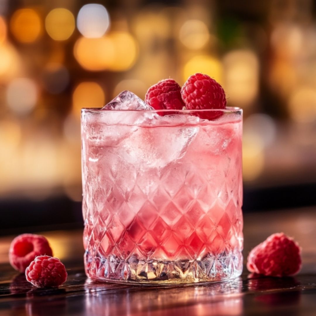 A Pink Russian cocktail in a chilled rocks glass, showcasing a vibrant pink color with a garnish of fresh raspberries.
