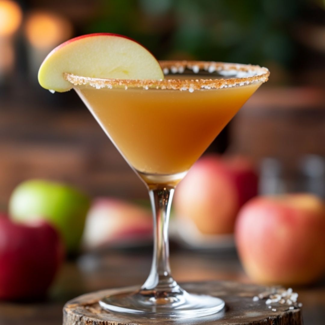 Salted Caramel Apple Martini in a glass with a salted rim and apple garnish.