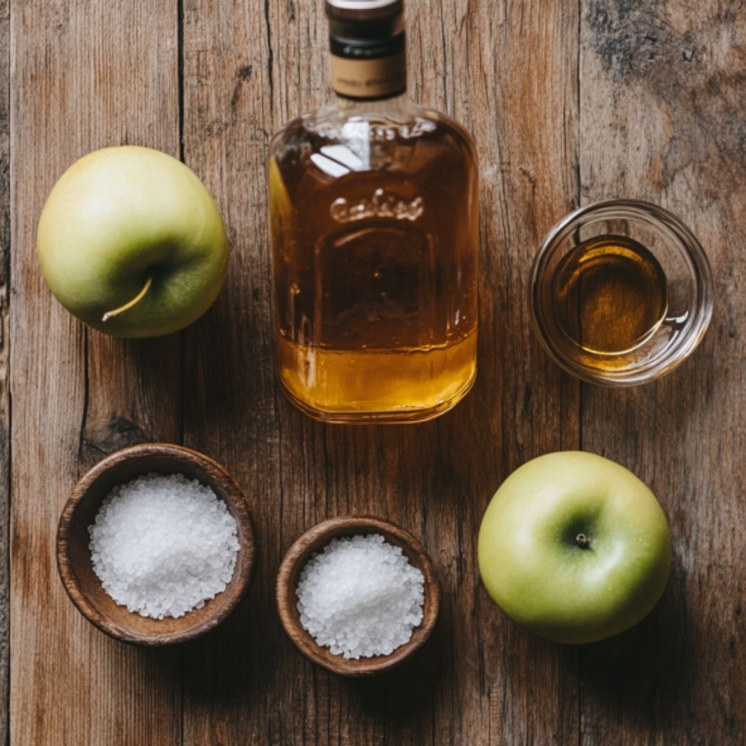  Ingredients for Salted Caramel Apple Martini including caramel vodka, apple liqueur, and apple cider.