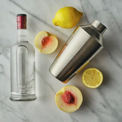 A flat lay of ingredients for a White Peach Martini, featuring a bottle of vodka, fresh white peaches, lemon, and a cocktail shaker on a marble surface.