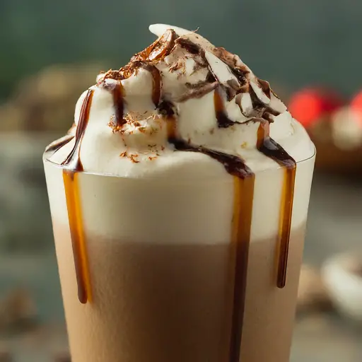 A Dirty Snowman cocktail in a clear glass mug, topped with whipped cream, chocolate shavings, and a drizzle of syrup.